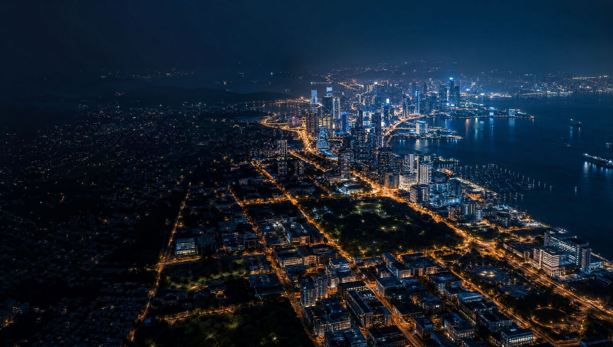 A coastal smart-city district at night